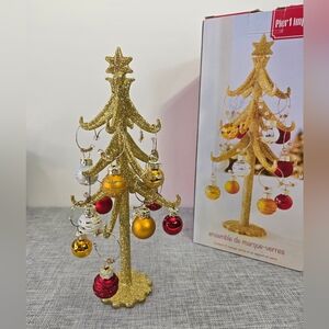 Vintage Pier 1‎ Imports Christmas Drink Charm Set Tree 12 Charms Gold With Box